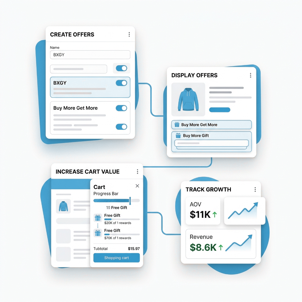 BRIX: BOGO, Upsell & Discount app workflow: Create Offers, Display Offers, Increase Cart Value