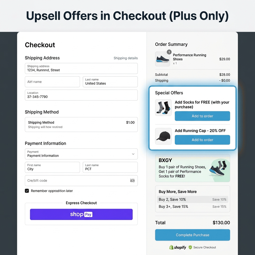 Checkout upsell widgets for BXGY and quantity discounts in Shopify Plus
